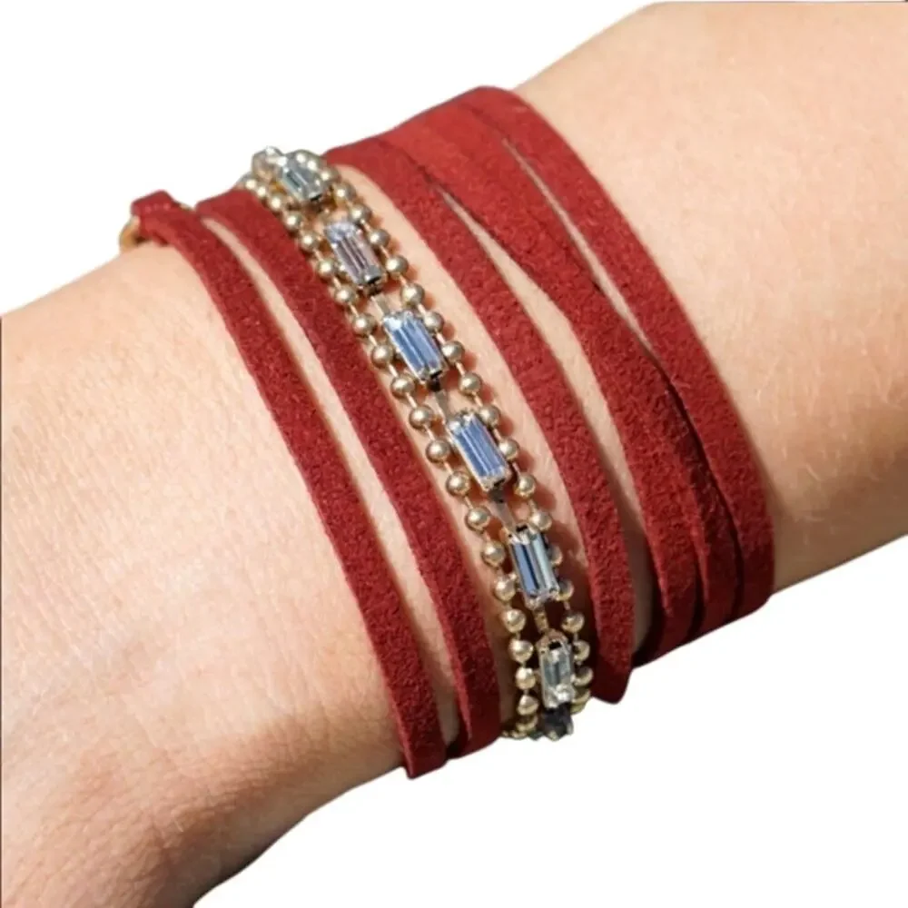 JEN ATKINS NIB Burgundy Leather Baguette Crystals Choker, Bracelet, Headband